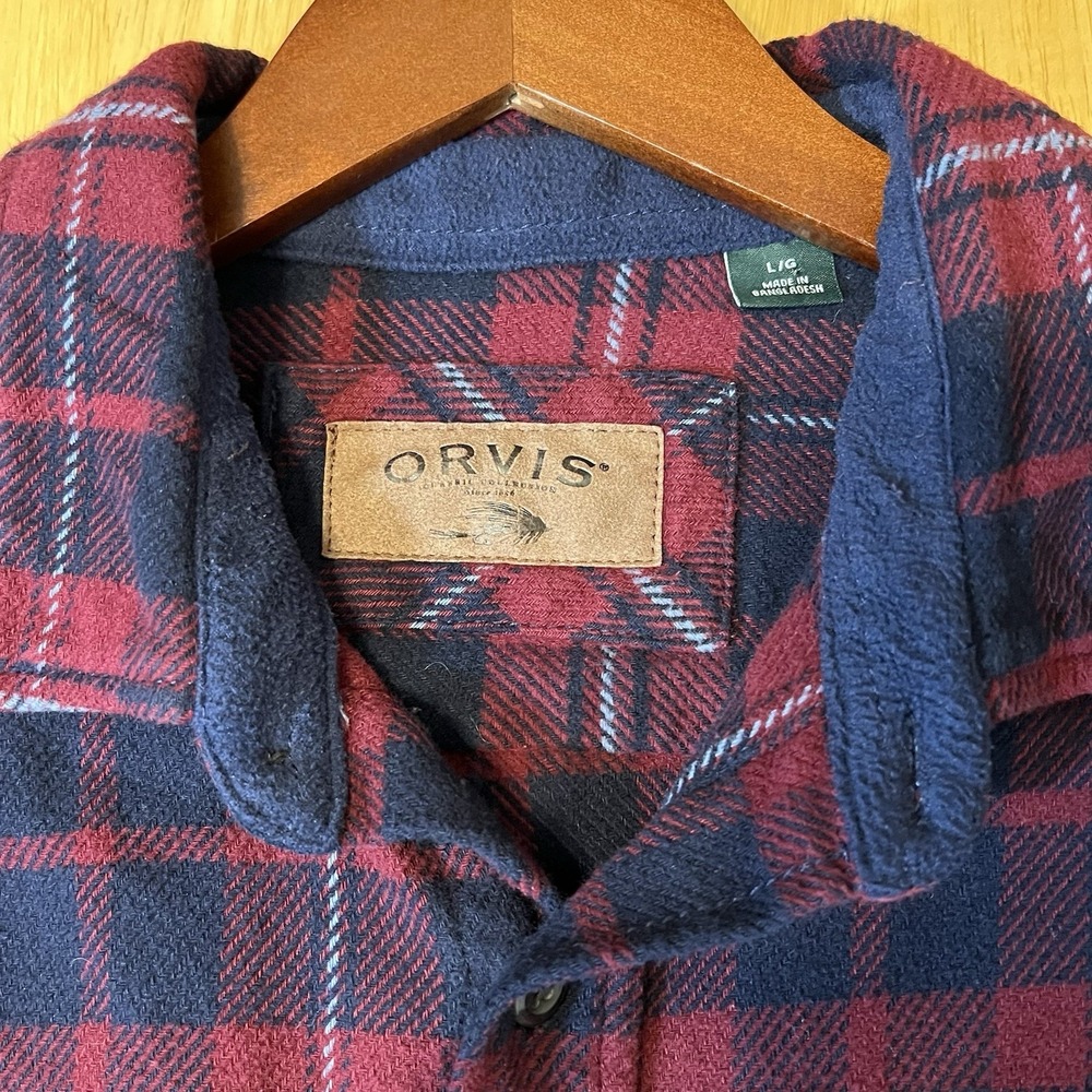 Orvis Mens Flannel Plaid Button Down Shirt, Long Sleeve, Red Navy - Picture 7 of 10
